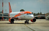 An Easy Jet flight takes off from Ben Gurion International Airport, near Tel Aviv, April 11, 2018. (Moshe Shai/Flash90)