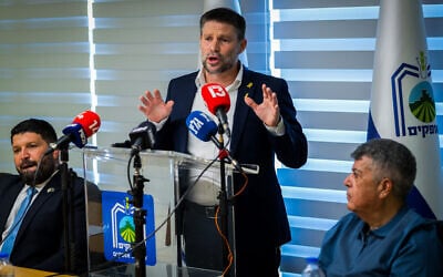 Minister of Finance Bezalel Smotrich speaks during a press conference in the southern Israeli city of Ofakim, July 24, 2024. (Liron Molodovan/Flash90)