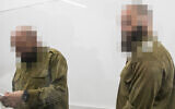 IDF reserve soldiers suspected of sexually abusing a Palestinian detainee at the Sde Teiman detention facility attend a hearing at the Beit Lid military court, August 6, 2024. (Miriam Alster/Flash90)