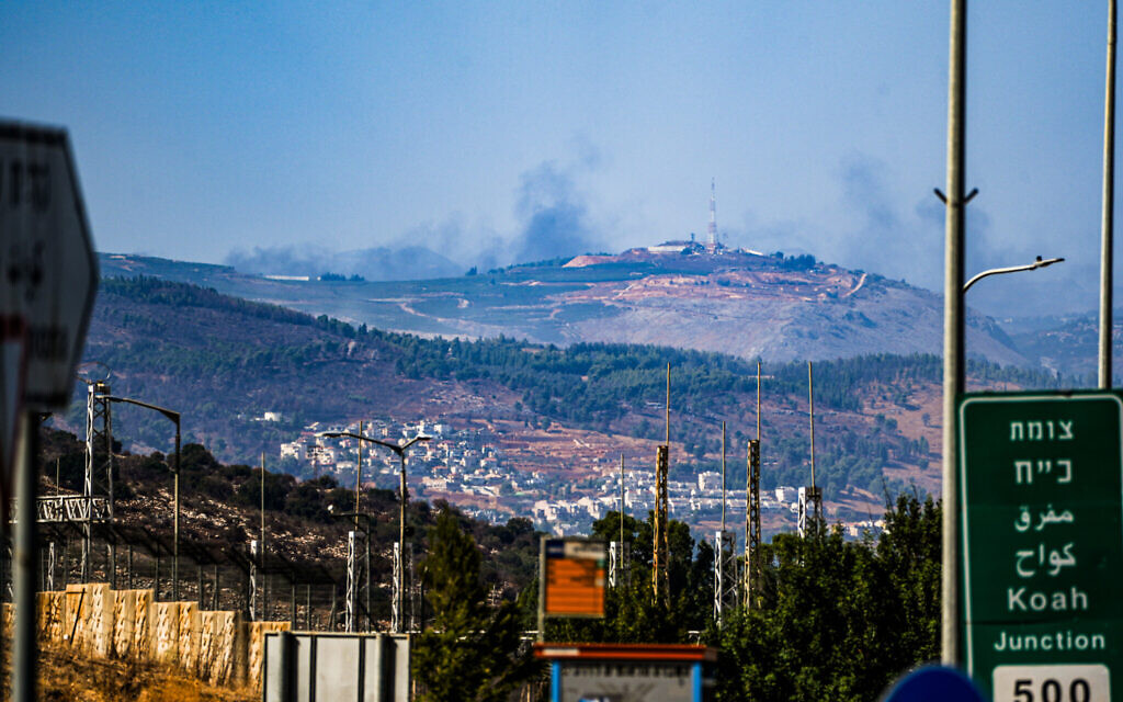 Smoke rises after an Israeli air strike in southern Lebanon, as seen from the Israeli side of the border, August 22, 2024. (Ayal Margolin/Flash90)