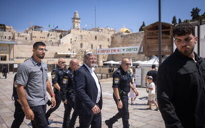 National Security Minister Itamar Ben Gvir at the Western Wall in Jerusalem's Old City, after his visit to the Temple Mount on August 13, 2024. (Chaim Goldberg/ Flash90)