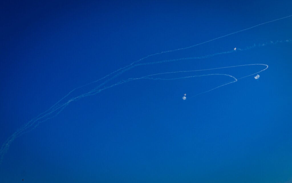 An Israeli anti missile system intercepts rockets fired by Hezbollah from Lebanon, in northern Israel, August 20, 2024. (Ayal Margolin/Flash90)