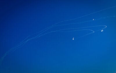 An Israeli anti missile system intercepts rockets fired by Hezbollah from Lebanon, in northern Israel, August 20, 2024. (Ayal Margolin/Flash90)