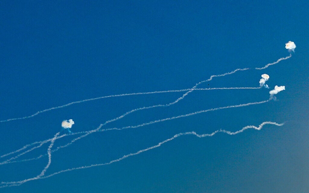 Air defenses intercept rockets fired from Lebanon, above the Naftali Mountains in northern Israel, August 23, 2024. (Ayal Margolin/Flash90)