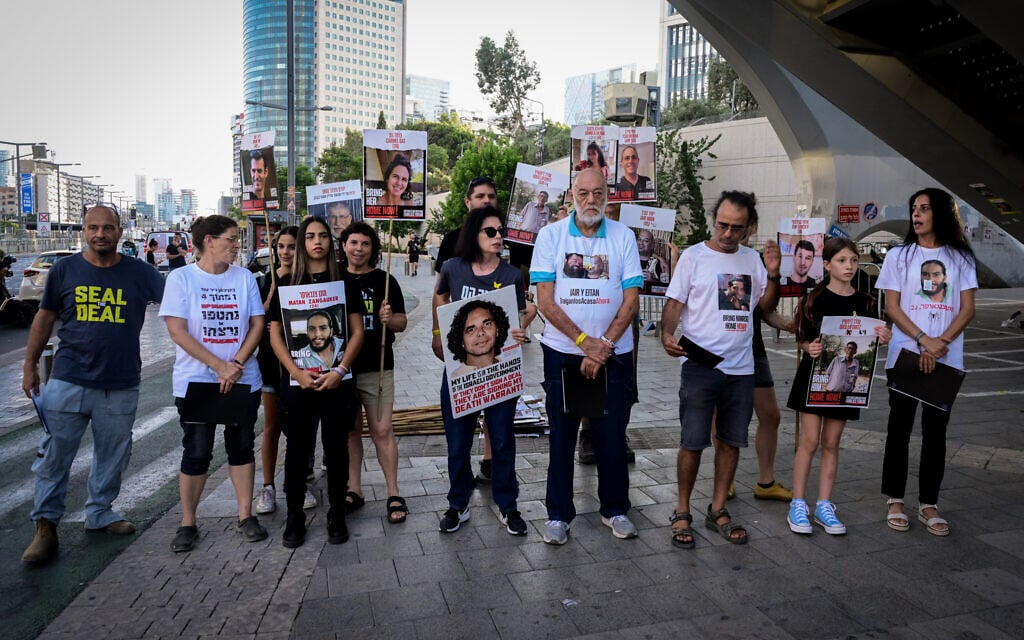 Relatives of Israelis held hostage by Hamas terrorists in Gaza hold a press conference in Tel Aviv on August 24, 2024. (Avshalom Sassoni/Flash90)