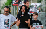 Einav Zangauker, mother of hostage Matan, speaks at a press conference outside the Kirya military headquarters in Tel Aviv on August 31, 2024. (Avshalom Sassoni/Flash90)