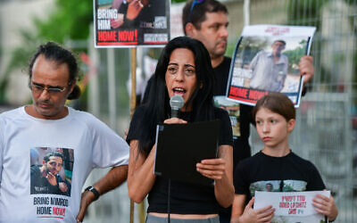 Einav Zangauker, mother of hostage Matan, speaks at a press conference outside the Kirya military headquarters in Tel Aviv on August 31, 2024. (Avshalom Sassoni/Flash90)