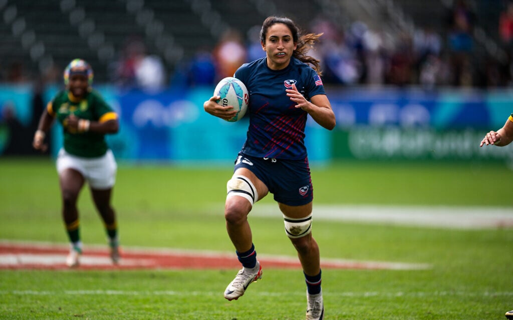Sarah Levy of the US national women's rugby team carries the ball at the Paris Olympics, August 2024. (Evan Denworth) Sarah Levy of the US national women's rugby team carries the ball at the Paris Olympics, August 2024. (Evan Denworth)