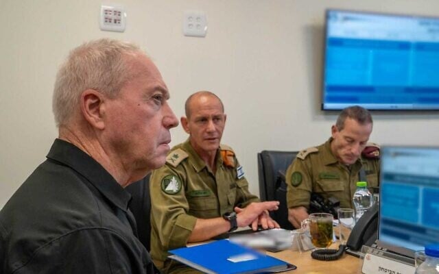 Defense Minster Yoav Gallant (left) meets with Home Front Command chief Maj. Gen. Rafi Milo (center) and Deputy IDF Chief of Staff Maj. Gen. Amir Baram for an assessment, August 8, 2024. (Ariel Hermoni/Defense Ministry) Defense Minster Yoav Gallant (left) meets with Home Front Command chief Maj. Gen. Rafi Milo (center) and Deputy IDF Chief of Staff Maj. Gen. Amir Baram for an assessment, August 8, 2024. (Ariel Hermoni/Defense Ministry)