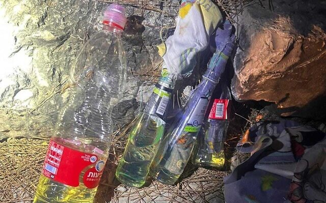 Firebombs allegedly intended for use in a terror attack against Israeli cars on Route 85 in the north, near Gilon Junction, on the early morning of August 4, 2024. (Israel Police)
