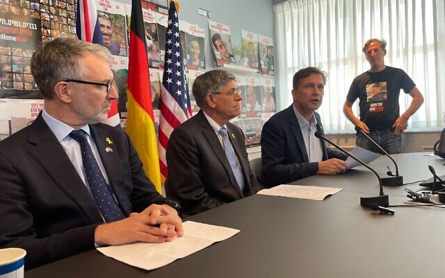 From left, British Ambassador to Israel Simon Walters, American Ambassador to Israel Jack Lew and German Ambassador to Israel Steffen Seibert hold a press conference at the Hostages and Missing Families Forum's Tel Aviv headquarters on August 14, 2024. (Sam Sokol/Times of Israel) From left, British Ambassador to Israel Simon Walters, American Ambassador to Israel Jack Lew and German Ambassador to Israel Steffen Seibert hold a press conference at the Hostages and Missing Families Forum's Tel Aviv headquarters on August 14, 2024. (Sam Sokol/Times of Israel)