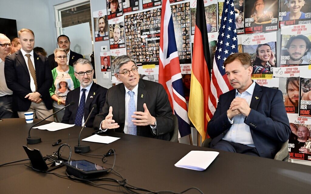 US Ambassador to Israel Jack Lew participates in a joint press conference with the ambassadors of Germany and Great Britain at the Hostage Families’ Forum in Tel Aviv, August 14, 2024. (David Azagury/US Embassy Jerusalem)