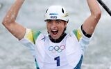 Jessica Fox celebrates during the canoe slalom women's canoe single final at the 2024 Paris Olympics, July 31, 2024, in Paris. (Justin Setterfield/Getty Images via JTA)
