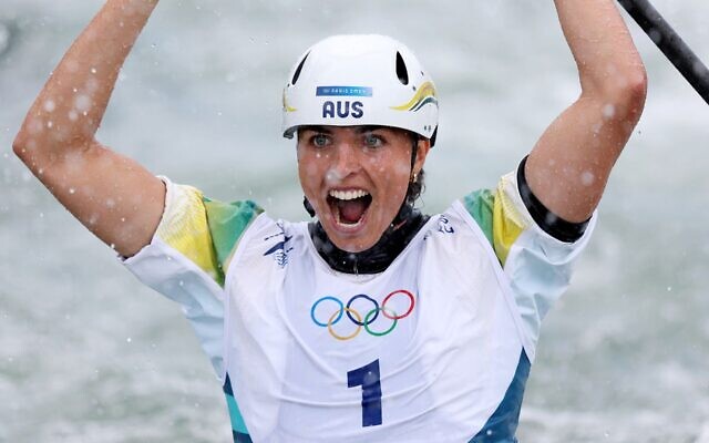 Jessica Fox celebrates during the canoe slalom women's canoe single final at the 2024 Paris Olympics, July 31, 2024, in Paris. (Justin Setterfield/Getty Images via JTA) Jessica Fox celebrates during the canoe slalom women's canoe single final at the 2024 Paris Olympics, July 31, 2024, in Paris. (Justin Setterfield/Getty Images via JTA)
