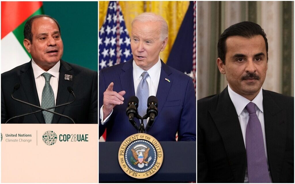 Egyptian President Abdel-Fattah el-Sissi, US President Joe Biden and Qatari Emir Tamim bin Hamad Al Thani. (Collage/AP)