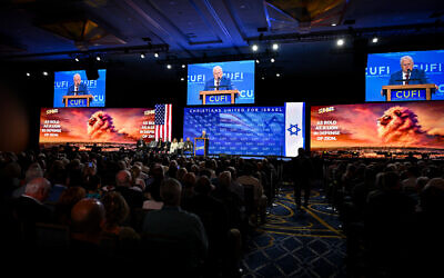 Pastor John Hagee addresses a conference of Christians United for Israel, National Harbor, Maryland,  June 29, 2024. (CUFI/ via JTA)