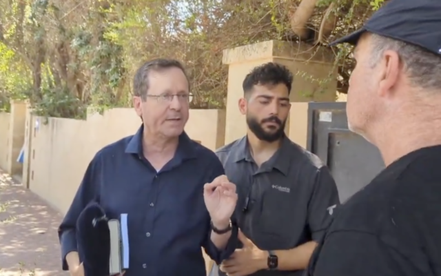 President Isaac Herzog speaks to anti-government protesters outside his house on August 17, 2024. (Screenshot, used in accordance with Clause 27a of the Copyright Law) President Isaac Herzog speaks to anti-government protesters outside his house on August 17, 2024. (Screenshot, used in accordance with Clause 27a of the Copyright Law)