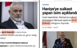 Turkish news reports on July 31, 2024, attribute the killing in Tehran of Hamas political chief Ismail Haniyeh to fictitious Mossad agent Amit Nakesh, whose name sounds like 'the assassin' in Hebrew. (Screen capture: X/Dr. Eli David, used in accordance with Clause 27a of the Copyright Law)