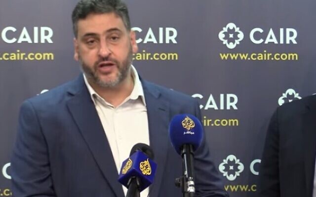 Osama Abu Irshaid speaks at a press conference organized by the Council on American-Islamic Relations on August 12, 2024. (Screen capture/YouTube) Osama Abu Irshaid speaks at a press conference organized by the Council on American-Islamic Relations on August 12, 2024. (Screen capture/YouTube)