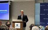 Second Gentleman Doug Emhoff addresses an event organized by the Jewish Democratic Council of America on the sidelines of the Democratic National Convention in Chicago on August 22, 2024. (Jacob Magid/Times of Israel)