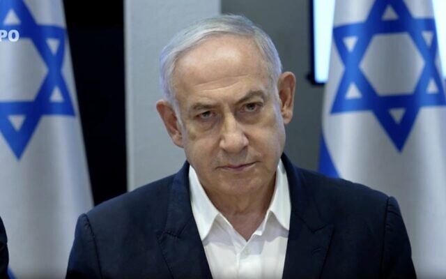 Prime Minister Benjamin Netanyahu addresses the early morning preemptive strike carried out by Israel against Hezbollah rocket launchers, at the start of a cabinet meeting, August 25, 2024. (Screenshot/GPO)