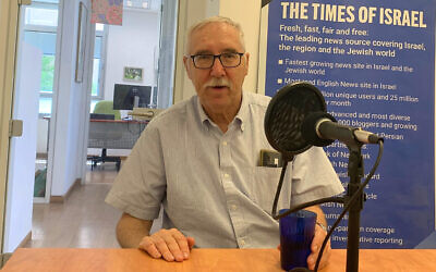 Prof. Gerald Steinberg, the founder of NGO Monitor, at The Times of Israel's Jerusalem office, July 30, 2024. (Amanda Borschel-Dan/Times of Israel)