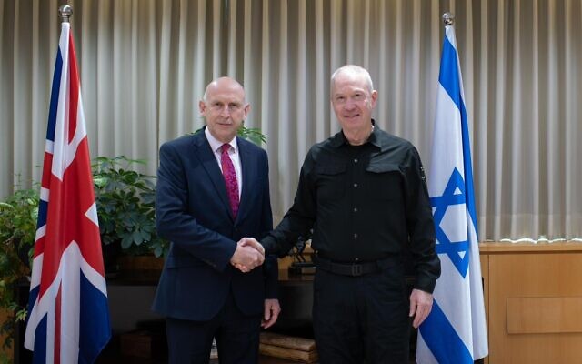 Defense Minister Yoav Gallant, right, meets with his British counterpart, UK Secretary of State for Defense John Healey at the Israel Defense Forces HQ in Tel Aviv, August 2, 2024. (Shachar Yurman/Defense Ministry) Defense Minister Yoav Gallant, right, meets with his British counterpart, UK Secretary of State for Defense John Healey at the Israel Defense Forces HQ in Tel Aviv, August 2, 2024. (Shachar Yurman/Defense Ministry)