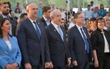 Knesset Speaker Amir Ohana, Prime Minister Benjamin Netanyahu and President Isaac Herzog attend a ceremony on Mount Herzl in Jerusalem in memory of Zeev Jabotinsky on August 4, 2024. (Kobi Gideon/GPO)