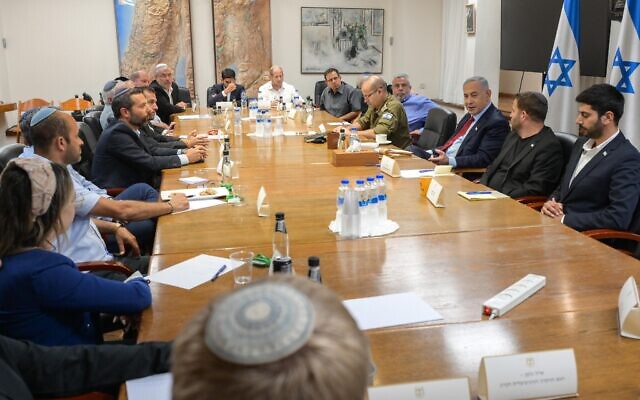 Prime Minister Benjamin Netanyahu meets with settlement leaders to discuss West Bank security, sanctions against extremists, August 8, 2024. (Maayan Toaf/GPO)