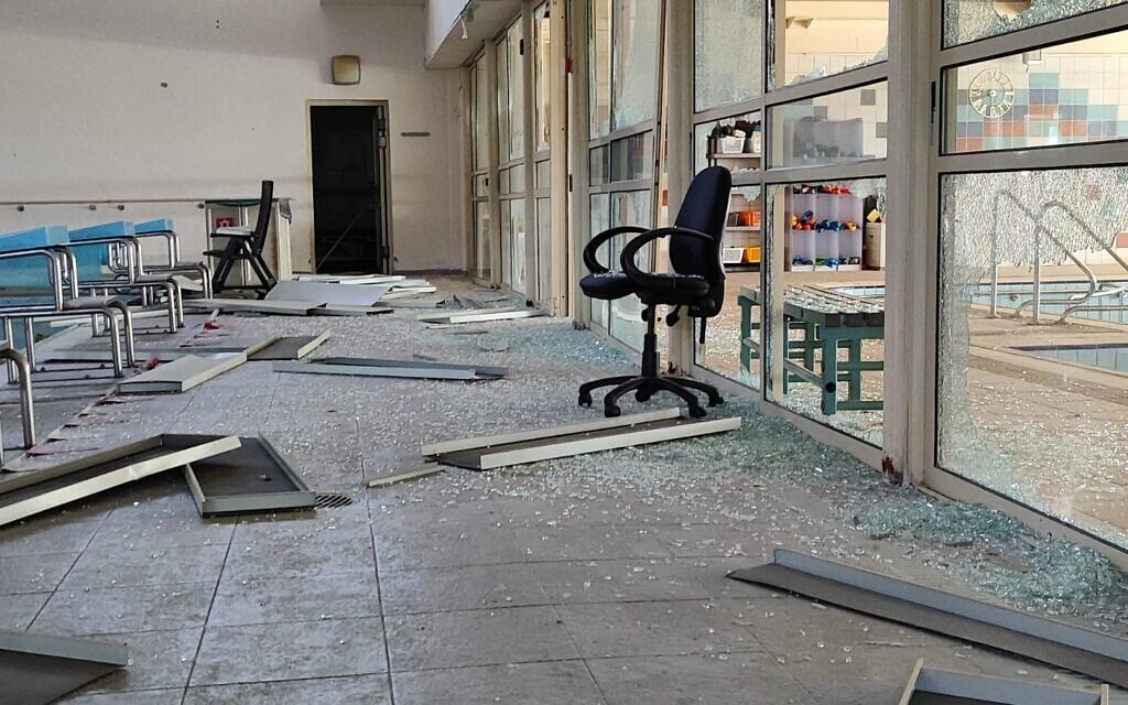 Damage at the Mevo'ot HaHermon Treatment and Rehabilitation Campus hydrotherapy treatment center, on August 13, 2024. (Gavriel Fiske/TOI)