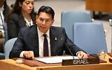 Ambassador Danny Danon, Permanent Representative of Israel to the United Nations, speaks during a UN Security Council meeting on situation in the Middle East at the United Nations headquarters in New York City, August 22, 2024. (Permanent Mission of Israel to the UN)