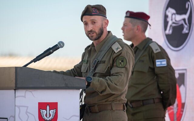 The outgoing commander of the 99th Division, Brig. Gen. Barak Hiram, speaks at a handover ceremony on August 4, , 2024. (Israel Defense Forces) The outgoing commander of the 99th Division, Brig. Gen. Barak Hiram, speaks at a handover ceremony on August 4, , 2024. (Israel Defense Forces)