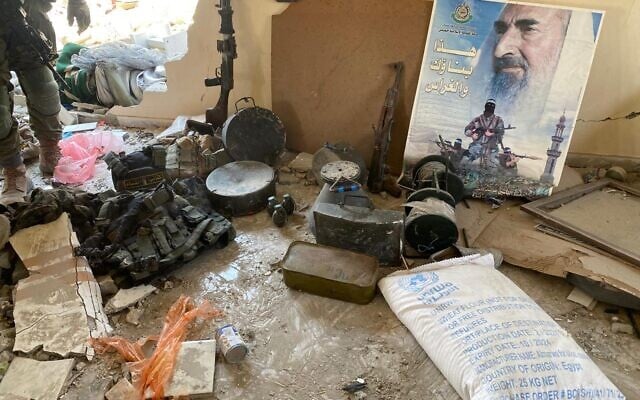 Military gear found, some of it in an UNRWA-marked bag, by the IDF in Rafah, the southern Gaza Strip, in an image released on August 22, 2024. (Israel Defense Forces) Military gear found, some of it in an UNRWA-marked bag, by the IDF in Rafah, the southern Gaza Strip, in an image released on August 22, 2024. (Israel Defense Forces)