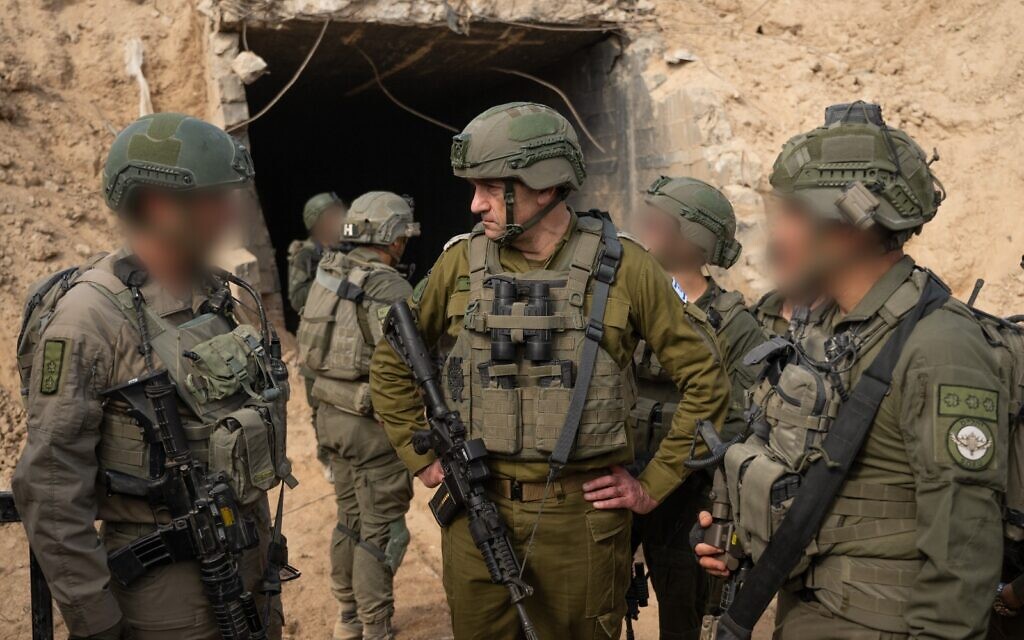 IDF  Chief of Staff Lt. Gen. Herzi Halevi speaks to troops at a Hamas tunnel uncovered in the Egypt-Gaza border area, August 14, 2024. (Israel Defense Forces)