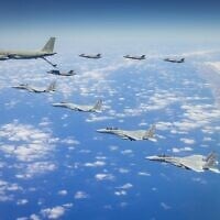 An IAF Boeing 707 refueling plane and several F-35 and F-15 fighter jets carry out a drill just off the coast of Israel, August 15, 2024. (Israel Defense Forces)