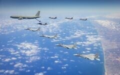 An IAF Boeing 707 refueling plane and several F-35 and F-15 fighter jets carry out a drill just off the coast of Israel, August 15, 2024. (Israel Defense Forces)