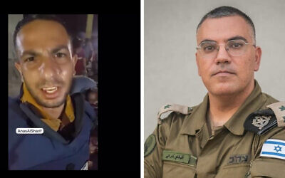Left to right: Al Jazeera presenter Anas al-Sharif (L) is seen in a screen capture from an Al-Jazeera broadcast, via N12 (used in accordance with Clause 27a of the Copyright Law), Israel Defense Forces Arabic spokesman Avichay Adraee (Courtesy).