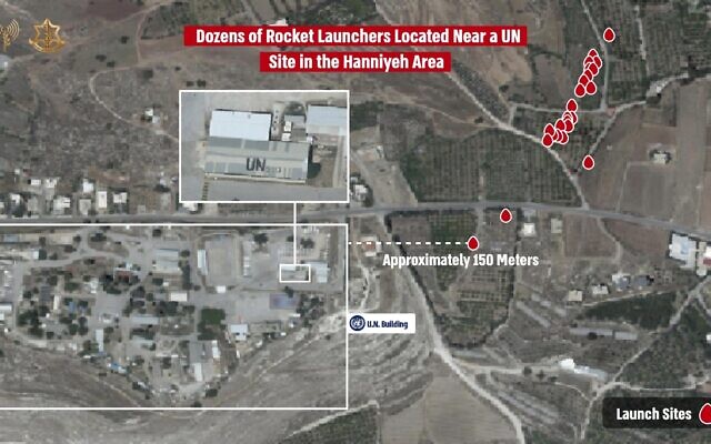 This infographic released by the IDF on August 26, 2024, shows rocket launch sites used in a Hezbollah attack a day earlier. (Israel Defense Forces)