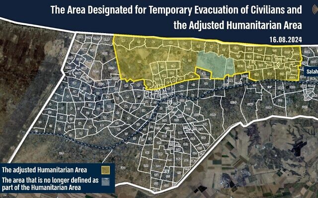 This map released by the IDF on August 16, 2024, shows an adjustment to the Israeli-designated humanitarian zone in the Gaza Strip (Israel Defense Forces) This map released by the IDF on August 16, 2024, shows an adjustment to the Israeli-designated humanitarian zone in the Gaza Strip (Israel Defense Forces)