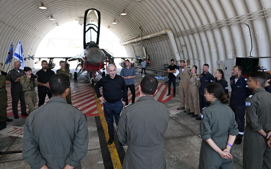 Prime Minister Benjamin Netanyahu speaks at the Ramat David Air Force base near Haifa, August 21, 2024. (Haim Zach/GPO)