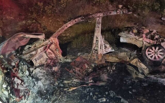 The remains of a car bomb that exploded in the West Bank settlement of Karmei Tzur, early August 31, 2024. (Courtesy)