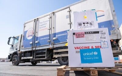 Polio vaccines arrive at the Kerem Shalom border crossing with the Gaza Strip, in southern Israel, August 25, 2024. (COGAT)