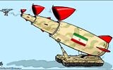 Jordanian cartoonist Emad Hajjaj, who regularly publishes in the Qatari-owned Al-Araby Al-Jadeed, draws an Iranian tank carries a gigantic missile launcher, which only ends up ejecting a small drone carrying a miniature rocket, August 10, 2024. (screenshot, used in accordance with Clause 27a of the Copyright Law)