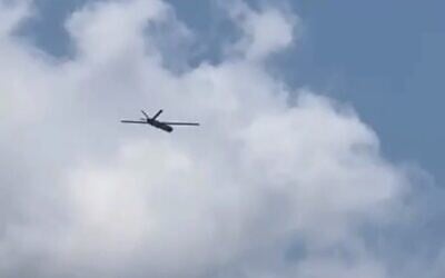 Footage taken by an onlooker in northern Israel appears to show a Hezbollah attack drone that crossed from Lebanon, on August 6, 2024. (Video screenshot; used in accordance with Clause 27a of the Copyright Law)