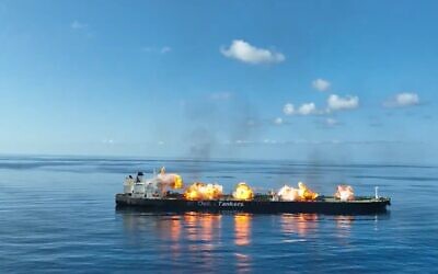 Explosions are seen on the deck of the Sounion in a screen capture from a video released by Houthi rebels on August 29, 2024. (Video screen capture: X)