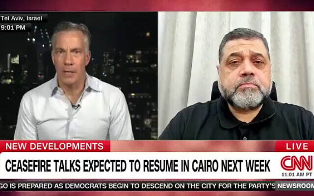 CNN journalist Jim Sciutto, left, speaks from Tel Aviv with Doha-based Hamas politburo member Osama Hamdan, August 17, 2024. (Screen capture: X/Jim Sciutto, used in accordance with Clause 27a of the Copyright Law) CNN journalist Jim Sciutto, left, speaks from Tel Aviv with Doha-based Hamas politburo member Osama Hamdan, August 17, 2024. (Screen capture: X/Jim Sciutto, used in accordance with Clause 27a of the Copyright Law)