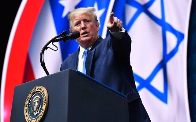 Then-US president Donald Trump addresses the Israeli American Council National Summit at the Diplomat Beach Resort in Hollywood, Fla., Dec. 7, 2019. (Mandel Ngan/AFP via Getty Images via JTA)
