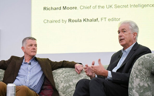 Britain's MI6 chief Richard Moore (left) and US Central Intelligence Agency Director Bill Burns are interviewed at a Financial Times event in London, September 7, 2024. (Em Fitzgerald/Pool via Reuters) Britain's MI6 chief Richard Moore (left) and US Central Intelligence Agency Director Bill Burns are interviewed at a Financial Times event in London, September 7, 2024. (Em Fitzgerald/Pool via Reuters)