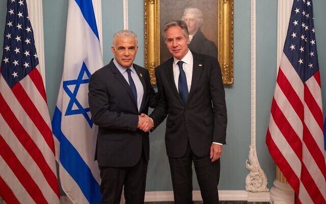Opposition Chair Yair Lapid (L) meets with US Secretary of State Antony Blinken, at the State Department in Washington on September 16, 2024. (Shahar Azran)