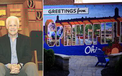 Rabbi Cary Kozberg of Temple Sholom in Springfield, Ohio, in 2016; a mural in Springfield, Sept. 16, 2024. (Courtesy of Dayton Jewish Observer; Luke Sharrett/Getty Images via JTA)